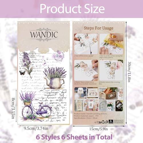 WANDIC Retro Rub On Transfer Stickers, 6 Sheets Lavender Decals Purple Flower Stickers Waterproof Decals Flower Stickers with Copywriting for Greeting Cards,12 * 6in - color: Purple Flower, size: 6 Sheets