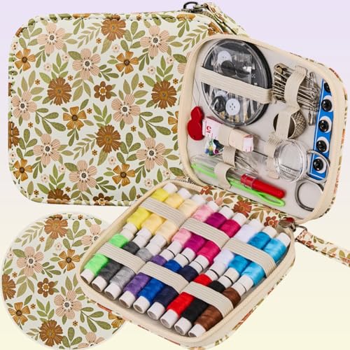 Bobode Printing Floral Small Sewing Kit with 18 Colors Sewing Thread - color: 87PCS-Flowers