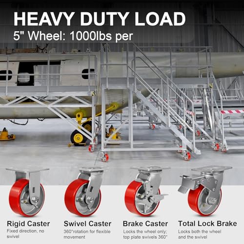 5"X 2" Heavy Duty Casters, Swivel Polyurethane Casters Set of 4 Plate Industrial Caster Wheels for Toolbox Workbench, Load Capacity 4000lbs - style: 5'' Wheel