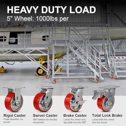 5"X 2" Heavy Duty Casters, Swivel Polyurethane Casters Set of 4 Plate Industrial Caster Wheels for Toolbox Workbench, Load Capacity 4000lbs - style: 5'' Wheel