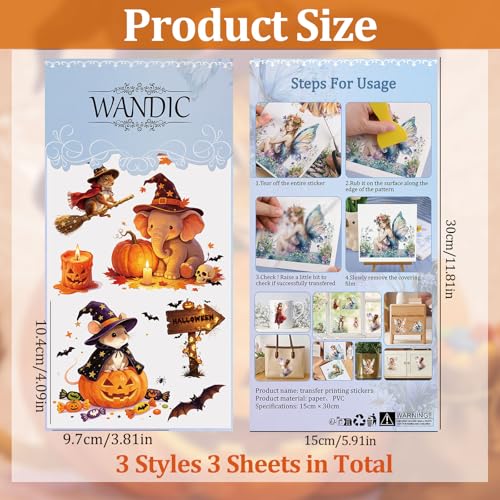 WANDIC 3 Sheets Halloween Rub on Transfer Stickers, Tiger Rabbit Cat in Witch Hat Waterproof Decal for Crafts Furniture Scrapbook Album Laptop, 15 * 30cm - color: Halloween Animals