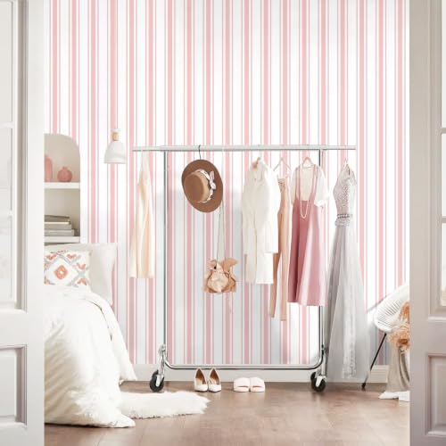 Pink Striped Peel and Stick Wallpaper 17.3" x 480" - color: Pink, size: 17.3" x 480"