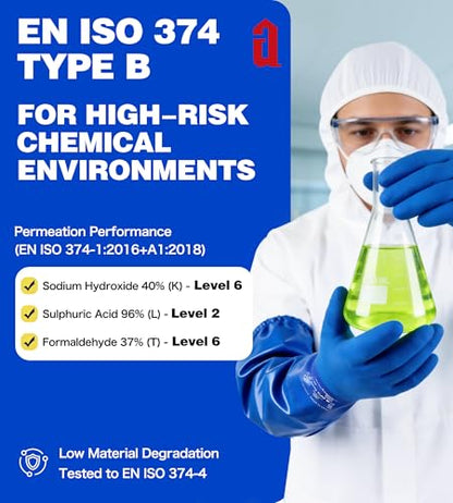 AnTools 25" Heavy-Duty PVC Chemical Gloves, Waterproof Long-Sleeve Work Gloves with Cotton Liner and Non-Slip Grip, for Lab, Pool Cleaning, Oil, and Industrial Work, Blue, Large