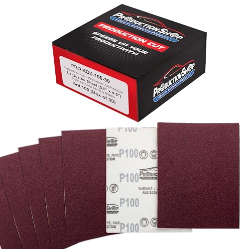ProductionShop Premium Red 100 Grit 1/4 Sheet Size Red Sanding Sheets, Box of 30 - Hook & Loop Backing Sandpaper, Coarse-Cut Abrasive - Fits Palm Sanders, Hand Sanding Blocks - Woodworking, Auto Paint - style: 100 Grit