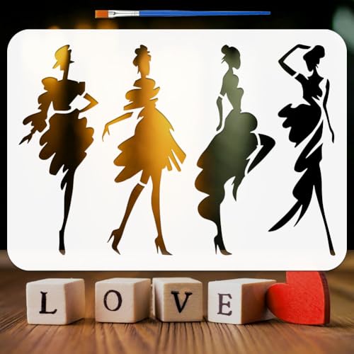 FINGERINSPIRE Abstract Art Fashion Lady Stencil with Paintbrush 11.7x8.3inch Reusable Fashion Woman Stencil Plastic Lady Beauty Dress Drawing Template Stencil for Home Wall Fabric Art Decor - style: Abstract Art Fashion Lady