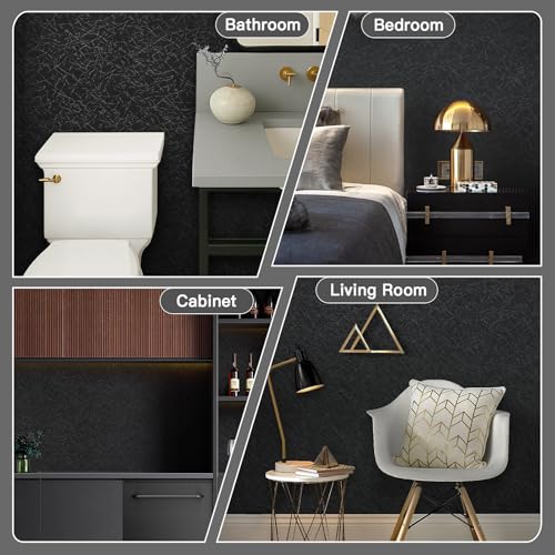 Safiyya Contact Paper Black Silk Wallpaper Textured Peel and Stick Wallpaper Removable Wall Paper Embossed Self Adhesive for Walls Vinyl Rolls 17.3 inch X 78.7 inch - color: Black, size: 17.3" x 78.7"