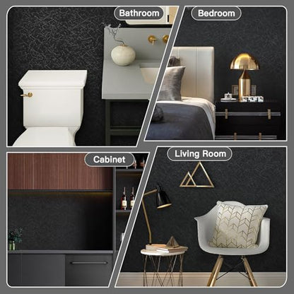 Safiyya Contact Paper Black Silk Wallpaper Textured Peel and Stick Wallpaper Removable Wall Paper Embossed Self Adhesive for Walls Vinyl Rolls 17.3 inch X 78.7 inch - color: Black, size: 17.3" x 78.7"