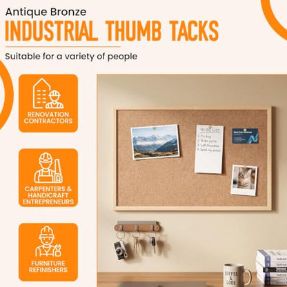200Pcs 7/16 Inch Upholstery Thumb Tacks for Wall | Industrial Rustic Bronze Pushpins | Long Shank Tacks | for Fastening Carpet, Wooden Doors, Headboards