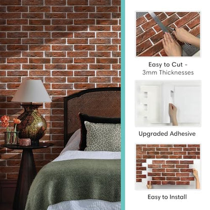 Commomy 3D Faux Brick Wall Panels Peel and Stick 12 pcs 22.8" x 11.8" Red - color: Large Brick-D