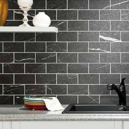 AULIGET 100 Piece Faux Stone Backsplash Peel and Stick PVC Tile, 3 Inch x 6 Inch Black Marble with White Grout Stick on Tiles for Backsplash Kitchen, Bathroom, Laundry Room, Camper, Fireplace - color: Black Marble with White Grout