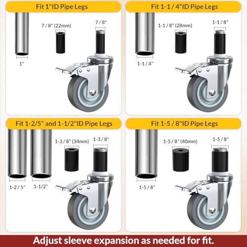 HOLKIE Caster Wheels Locking 4 Inch Expanding Stem Casters, Threaded Swivel Casters Set of 4 Heavy Duty Castors, Fit 1", 1-1/4", 1-2/5", 1-1/2",1-5/8" ID Stainless Steel Table, Cart, Furniture Legs - style: 4 Inch
