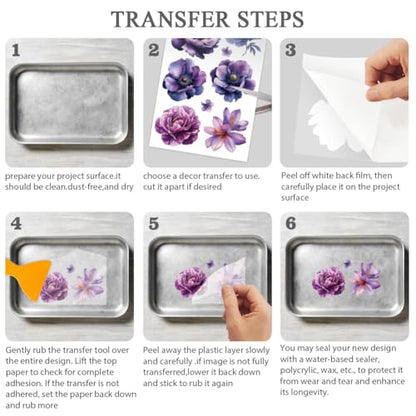 OLYCRAFT 3Pcs/Set Purple Flower Rub on Transfers for Furniture and Craft 6x12 Inch Peony Furniture Decal Transfer Sticker Rub on Decal with 1pc Scraper for Scrapbook Window Home Decoration - style: Purple Flower
