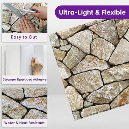 3D Peel and Stick Faux Stone Wall Panels 11.8" x 11.8" 10-Pack - color: Stone-SM-X
