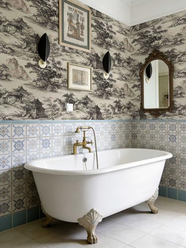 Chinoiserie Landscape Peel and Stick Wallpaper, Vintage Chinese Ink Pattern - size: 17.7" x 236"