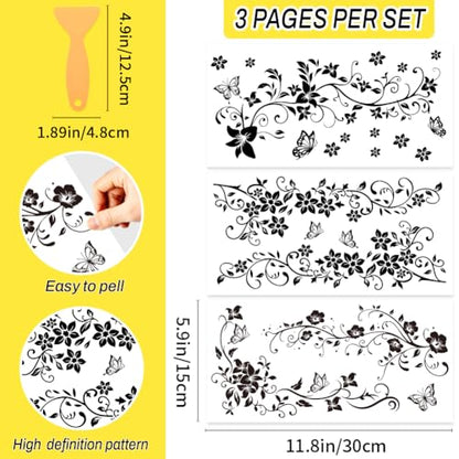 WEBEEDY 3 Pcs Black Flower Vine Rub on Transfer Sticker,5.9x11.8'' Flower Butterfly Furniture Decoration Sticker Decoupage Peel and Stick Wallpaper for Window Wood Glass Wall Art Bedroom Home Decor