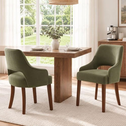 chairus Farmhouse Dining Chairs with Arms Set of 4, Chenille Upholstered Kitchen Chairs, Curved Open Back Dining Room Chairs with Thick Cushion & Walnut Wood Legs, Green - color: Green