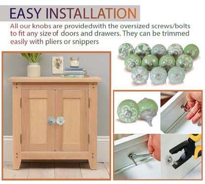 Ceramic Cabinet Knobs Set of 12, Green White Drawer Pulls - color: Green &White