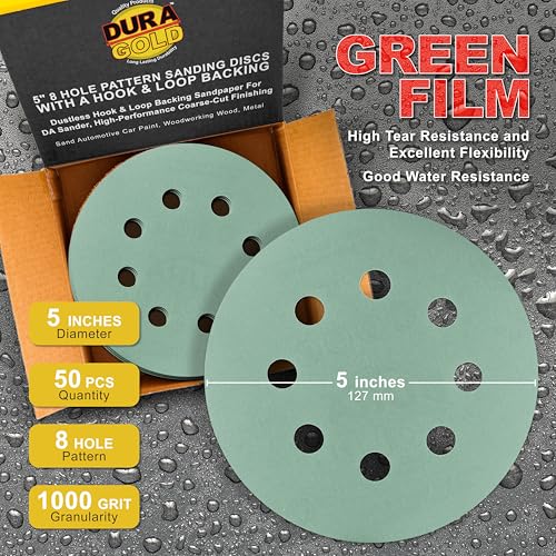 Dura-Gold 5" Green Film Sandpaper Discs, 1000 Grit, 8 Hole Pattern 50 Discs - size: 1000-Grit - Green Film