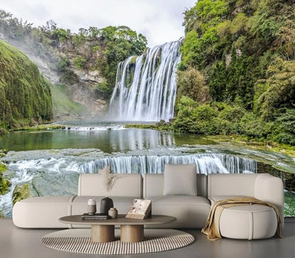 Majestic Green Forest Waterfall Landscape Peel and Stick Wallpaper - color: No.12, size: 80" x 61"