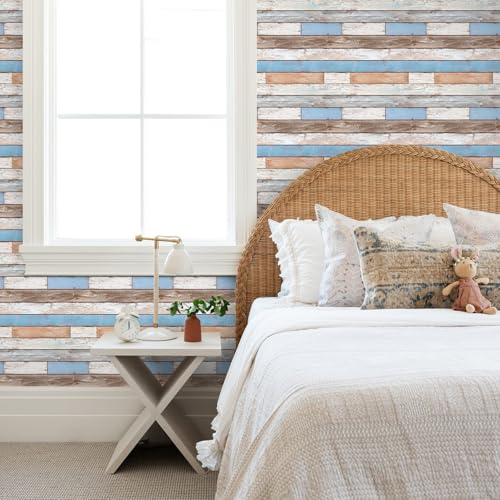 COMSTICKC 3D Peel and Stick Faux Wood Wall Sticker, 10 Pcs 11.8" x 11.8" - color: Blue/Brown