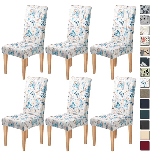 Dioxide High Stretch Chair Covers for Dining Chairs, Washable Dining Chair Covers Set of 6, Soft Kitchen Chairs Seat Covers, Parsons Chair Slipcovers Protectors for Home Hotel Restaurant Banquet - color: Floral Butterfly, size: 6PCS
