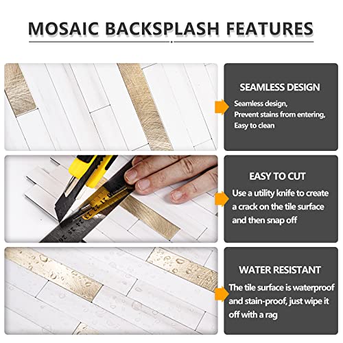 STICKGOO 20 Sheets Peel and Stick Backsplash Tile, Stick on Backsplash for Kitchen and Bathroom, Dolomite White Marble Look PVC Mixed Metal Gold Self Adhesive Wall Tiles - color: Dolomite White + Metal Gold