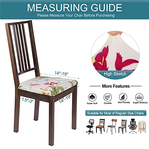 SearchI Seat Covers for Dining Room Chairs Stretch Printed Chair Seat Covers Set of 4, Removable Washable Upholstered Chair Seat Protector Cushion Slipcovers for Kitchen, Office(Beige+Flowers) - color: Beige+flowers