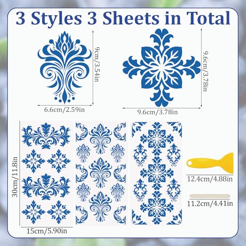 WANDIC 3 Sheets Rub On Transfer Stickers, Blue and White Porcelain Damask Decals Waterproof Stickers for Albums Furniture,15 * 30cm - color: Blue and White Porcelain Pattern