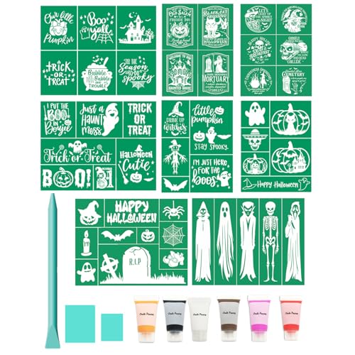 Halloween Silk Screen Stencils Chalk Paste Paint 17 Pcs, 8pcs Adhesive Stencils Transfers, 6pcs 0.34oz/10ml Stencil Paint on Wood Shirts Holiday DIY Home Decorations - color: 17pcs Halloween Paint kit
