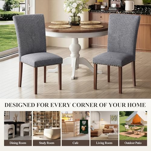 COLAMY Upholstered Parsons Dining Chairs Set of 6, Fabric Dining Room Kitchen Side Chair with Nailhead Trim and Wood Legs - Dark Grey - color: F-darkgrey, size: Set of 6