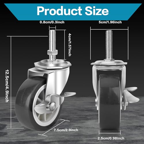 3 Inch Heavy Duty Stem Casters Swivel Wheels with Brake - 3/8" -16 x 1-1/2" (Stem Diameter 3/8", Stem Length 1-1/2"),Set of 4 with Locking Threaded Stem Caster Wheels - Load 600lbs (Grey) - color: Grey