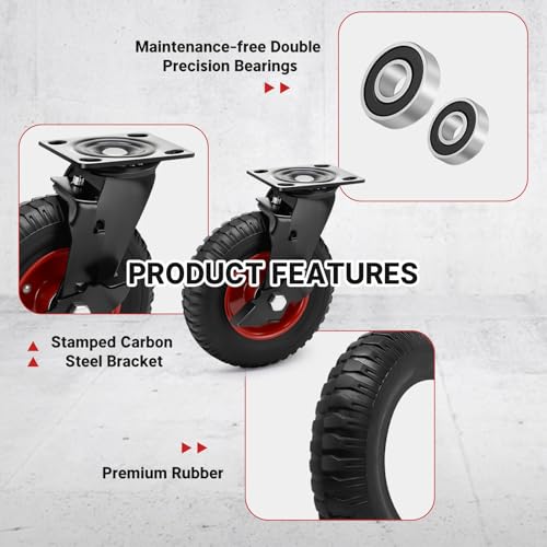 8 Inch Outdoor Heavy Duty Casters Wheels Set of 4, Sturdy Large Rubber Casters with Brake 2200 LBS, Industrial Grade Plate Swivel Castors with Knobby Tread for Dollies, Cart, Machine - size: 8 IN