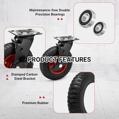 8 Inch Outdoor Heavy Duty Casters Wheels Set of 4, Sturdy Large Rubber Casters with Brake 2200 LBS, Industrial Grade Plate Swivel Castors with Knobby Tread for Dollies, Cart, Machine - size: 8 IN