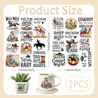 2 Sheets Rub on Transfers for Crafts, Cowboys Furniture Transfers for Wood, Glass, Plastic & Ceramics, Decorative Decals - style: Cowboy Quotes