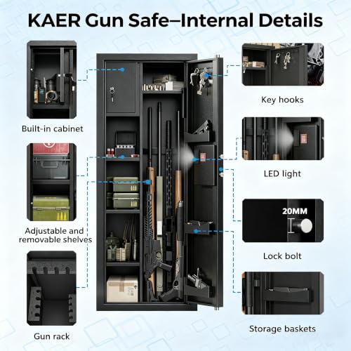 KAER Gun Safe for Rifles and Pistols, 8-13 Gun Cabinet for Shotguns, With Upgraded Electronic Combination Lock & Built-in Safe & Removable Dividers, Ammo Cabinet for Home, Garage, Office