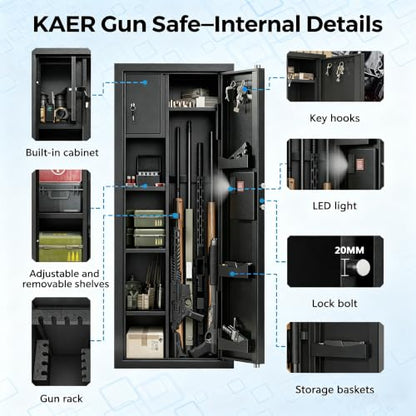 KAER Gun Safe for Rifles and Pistols, 8-13 Gun Cabinet for Shotguns, With Upgraded Electronic Combination Lock & Built-in Safe & Removable Dividers, Ammo Cabinet for Home, Garage, Office