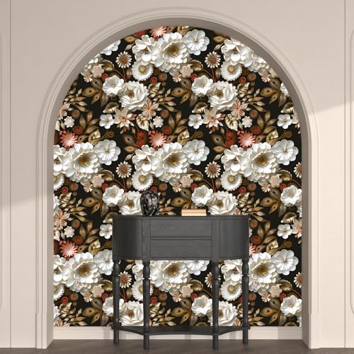 Laatse Dark Gold Floral Wallpaper Peel and Stick 17.5" × 118" - color: White/Gold, size: 17.5" x 118"