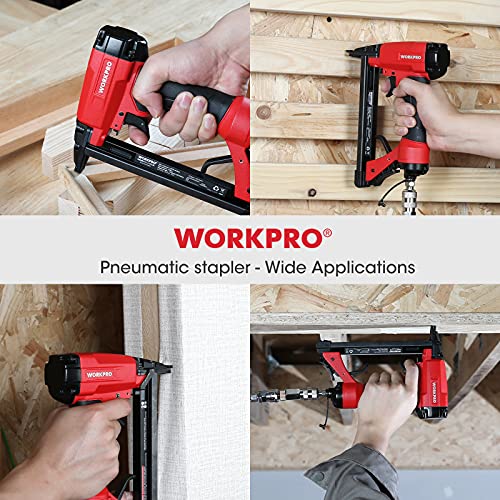 WORKPRO Pneumatic 20 Gauge Staple Gun, T50 Upholstery Stapler with 1260pcs Staples 1/4”to 5/8”, Rear Exhaust, for Carpentry, Woodworking and DIY Projects - size: 20 Gauge Standard