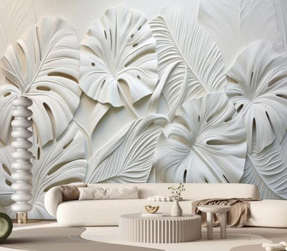 Modern 3D White Monstera Leaf Textured Wallpaper Peel and Stick - color: No.35, size: 80" x 61"