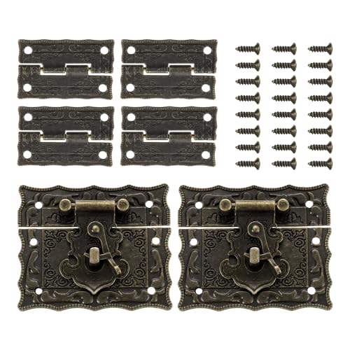 uxcell 2pcs Retro Bronze Alloy Latch Locks and 4pcs Engraved Hinges, 66 x 55mm Latch Buckle and Pattern Hinge with 24pcs Screws for Decorative Cabinet Small Wooden Box - size: 66 x 55mm