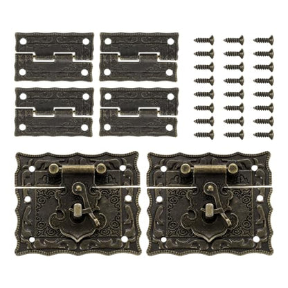uxcell 2pcs Retro Bronze Alloy Latch Locks and 4pcs Engraved Hinges, 66 x 55mm Latch Buckle and Pattern Hinge with 24pcs Screws for Decorative Cabinet Small Wooden Box - size: 66 x 55mm