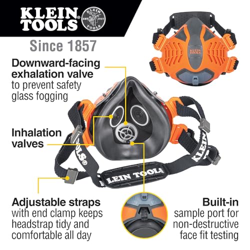 Klein Tools 60552 Reusable P100 Half-Mask Respirator with Replaceable Filters for Dust, Metal Fumes, and Oil Mist, M/L