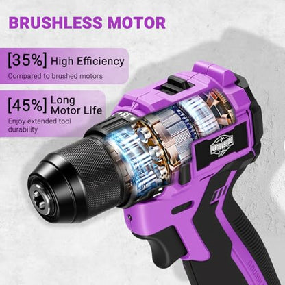 Purple Brushless Cordless Drill Set, 12V Compact Power Driver Kit with Electric Motor, Torque Setting, 50 N.m, 2 Variable Speed, Driver Bits, and Tool Box for Women Men Home DIY