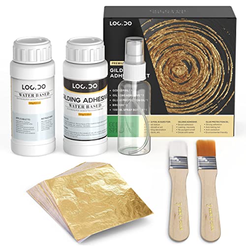 Gold Leaf Kit, Gilding Adhesive 200ml Set, Water Based Adhesive and Protective Varnish Whit Gold Leaf Sheet 100 pc, for Craft Supplies, Painting, Resin Arts Furniture and Decoration - color: Gold Leaf Kit