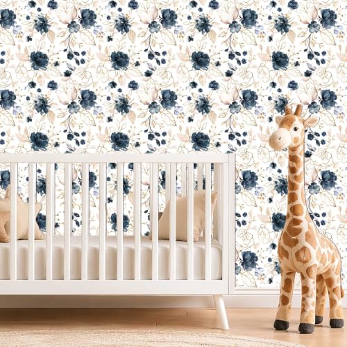 Navy Blue Floral Peel and Stick Wallpaper 17.7"x393.3" - color: Navy Blue/White/Gold/Beige, size: 17.7" x 393.3"