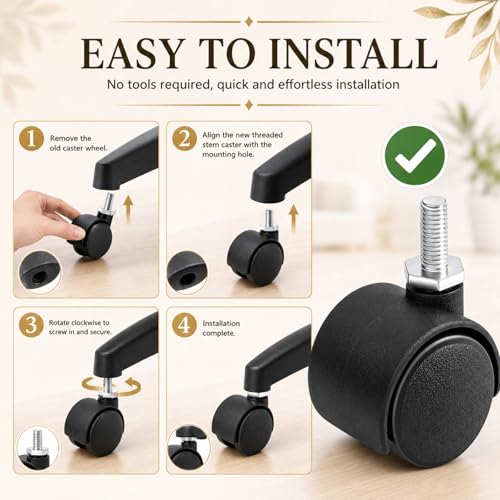 BBTO 8 Pcs 1 Inch M6 Swivel Stem Casters Wheels Replacement, M6 Threaded Stem Caster, Heavy Duty 360° Standing Desk Wheels, No Noise, Black Nylon, for Cart Furniture Table Cabinet Shelf - size: 1 Inch X M6 x 15 mm, style: Threaded, No Brake