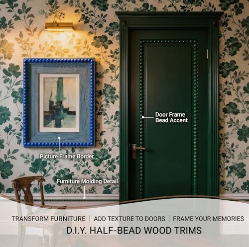 25 Pcs 15.75 Inch Unfinished Half Wood Bead Trim, 393.7 Inch Total Length, 18mm Wide 3D Pearl Molding Includes a 1.5M Tape Measure for DIY Home Wall Cabinet Shelf Window Door Decoration
