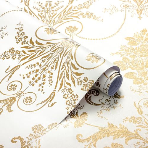 Damask Floral Peel and Stick Wallpaper Removable Gold Flowers Contact Paper - color: Gold, size: 17.3" x 118"