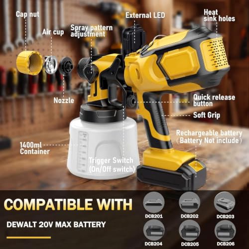 Cordless Paint Sprayer Compatible with Dewalt 20V MAX Battery (NO Battery) - Electric Spray Paint Gun with Led Light, 4 Nozzles & 3 Modes for Interior/Exterior House Painting, Furniture & Fences