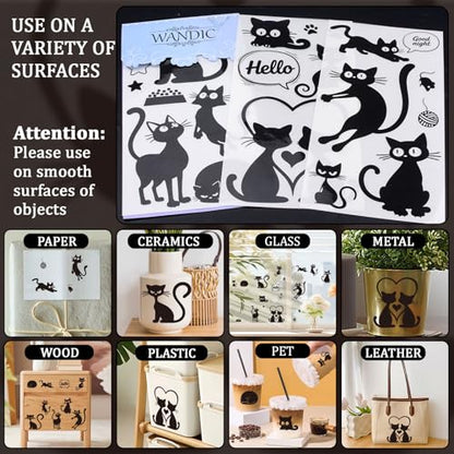 WANDIC 3 Sheets Rub On Transfer Stickers, Lovely Black Cartoon Cat Waterproof Decals Furniture Craft Junk Journals for DIY Scrapbooking, 15 * 30cm - color: Lovely Black Cat